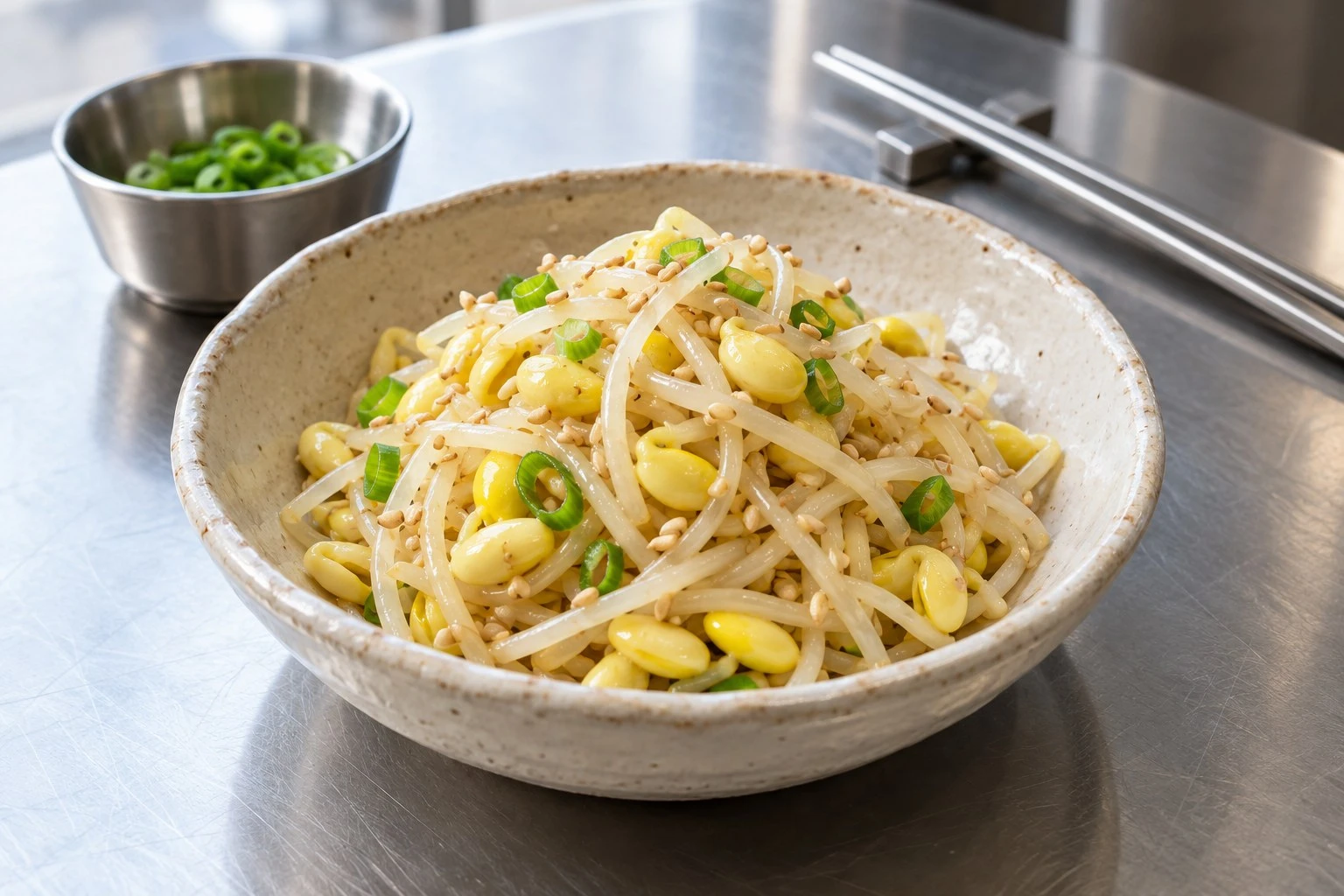 Cooked soybean sprout side dish Cooked soybean sprout side dish with sesame and scallion in an ivory bowl