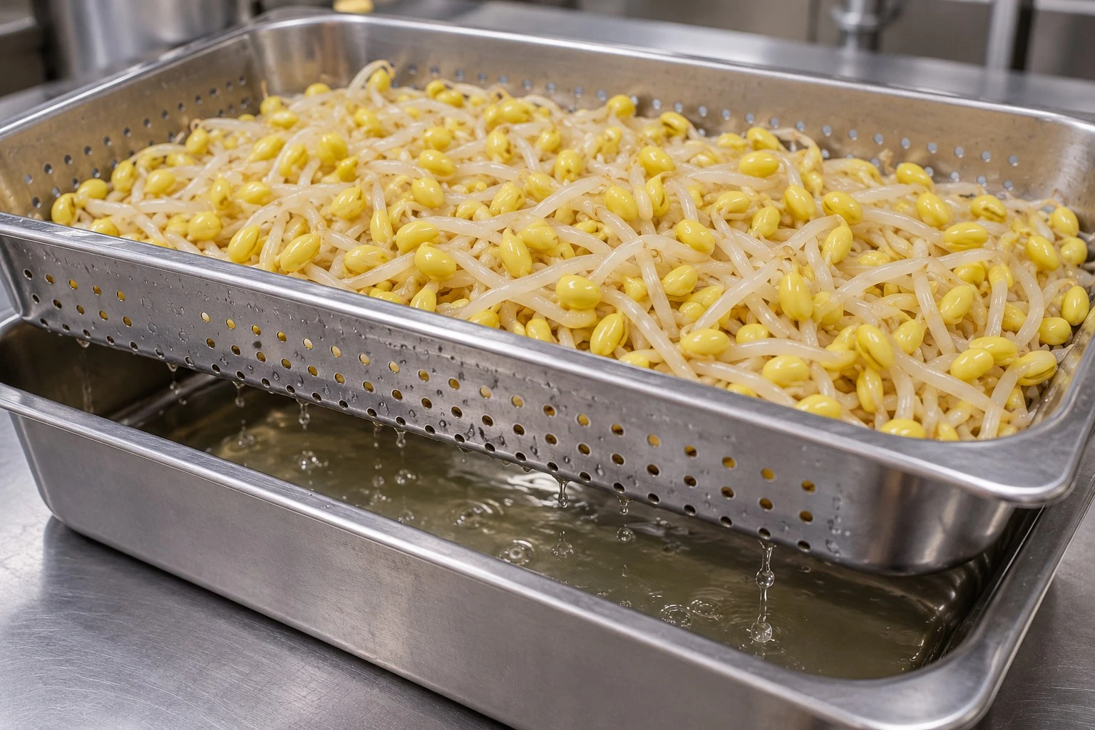 Controlled sprout draining Cooked soybean sprouts in a perforated pan above collected drainage
