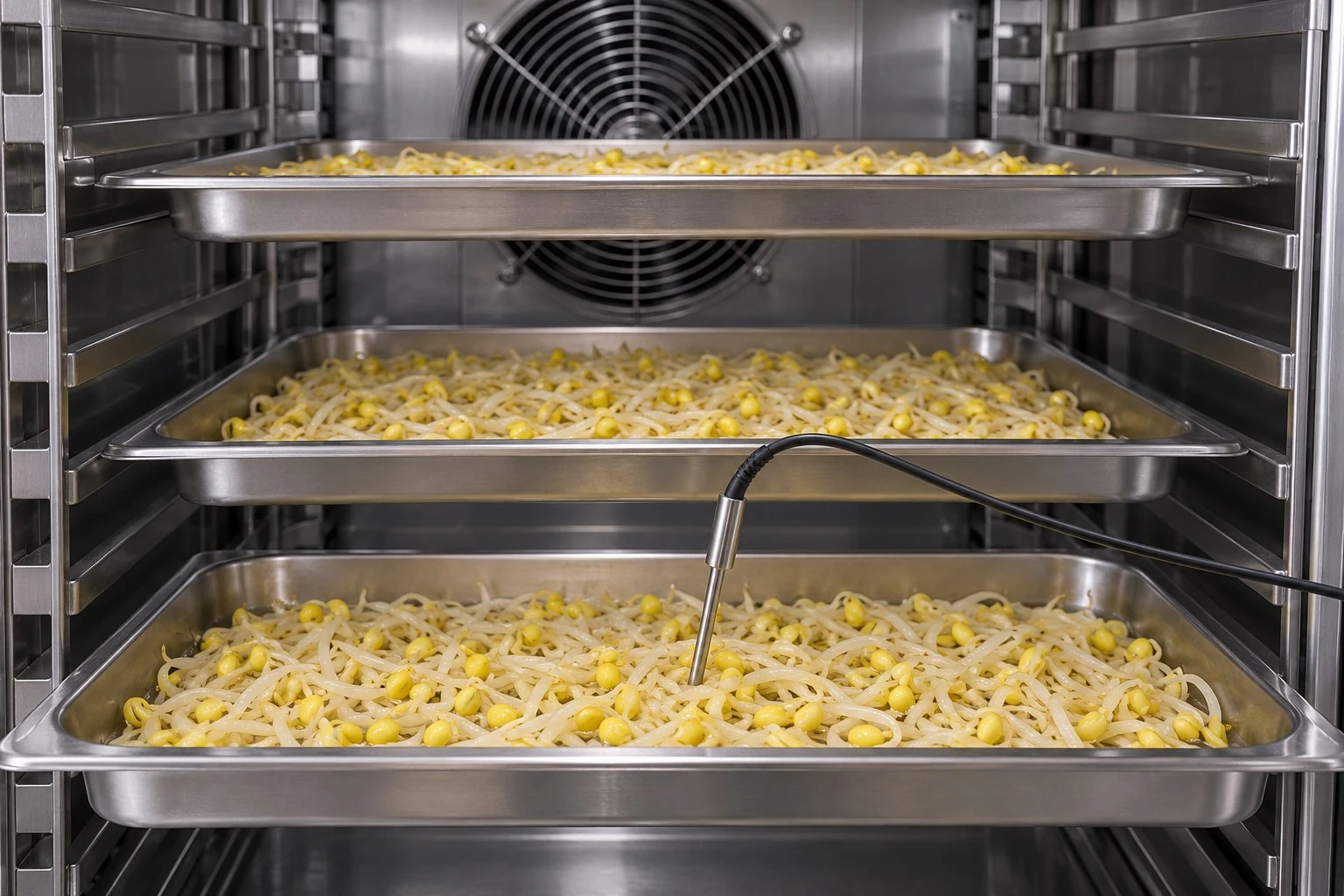Shallow pan cooling arrangement Shallow pans of cooked sprouts on spaced chiller shelves with a food probe