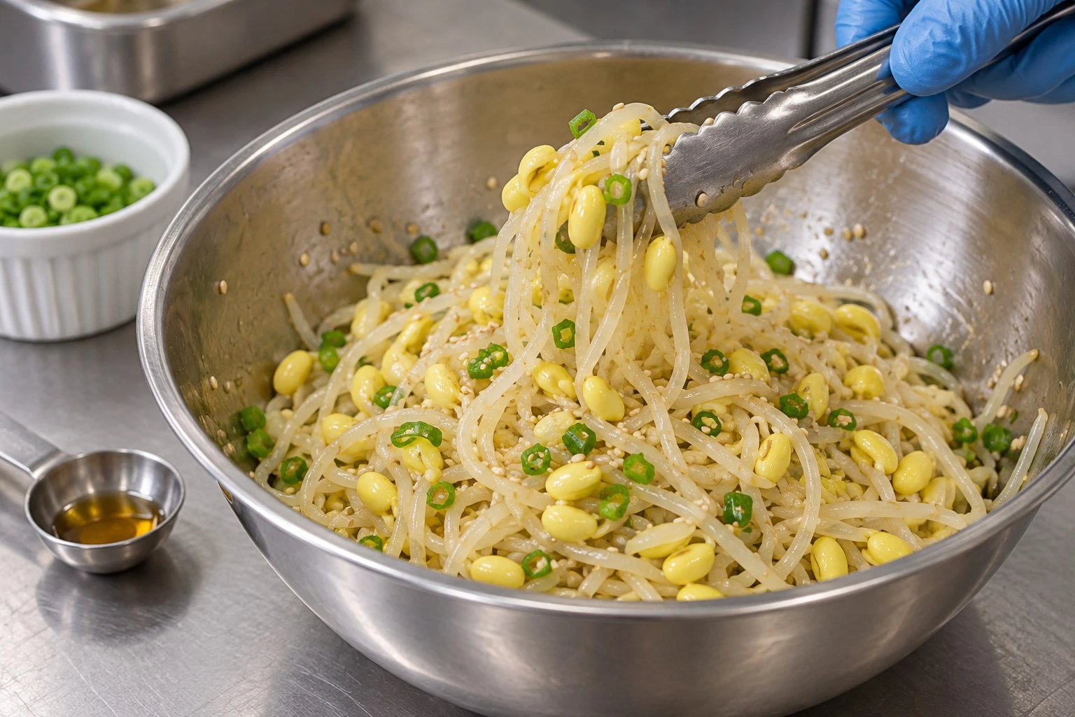 Gentle seasoning and mixing Tongs gently lifting cooked sprouts with sesame and scallion dressing
