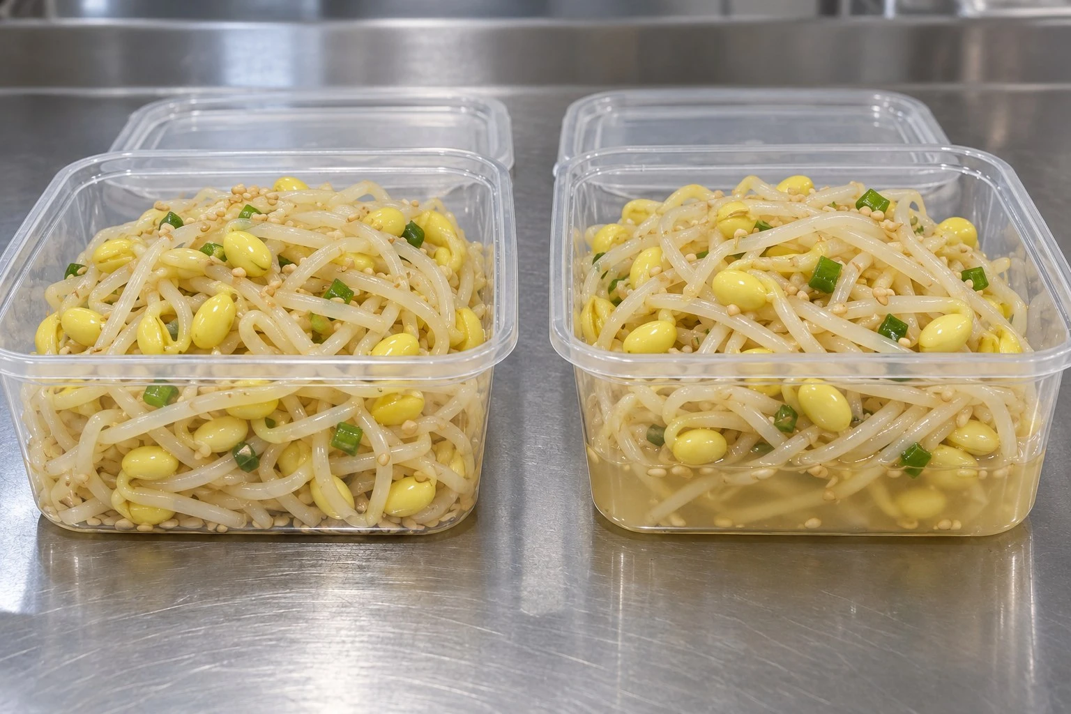 Packed sprout liquid comparison Matching sprout tubs with little liquid on the left and pooled liquid on the right