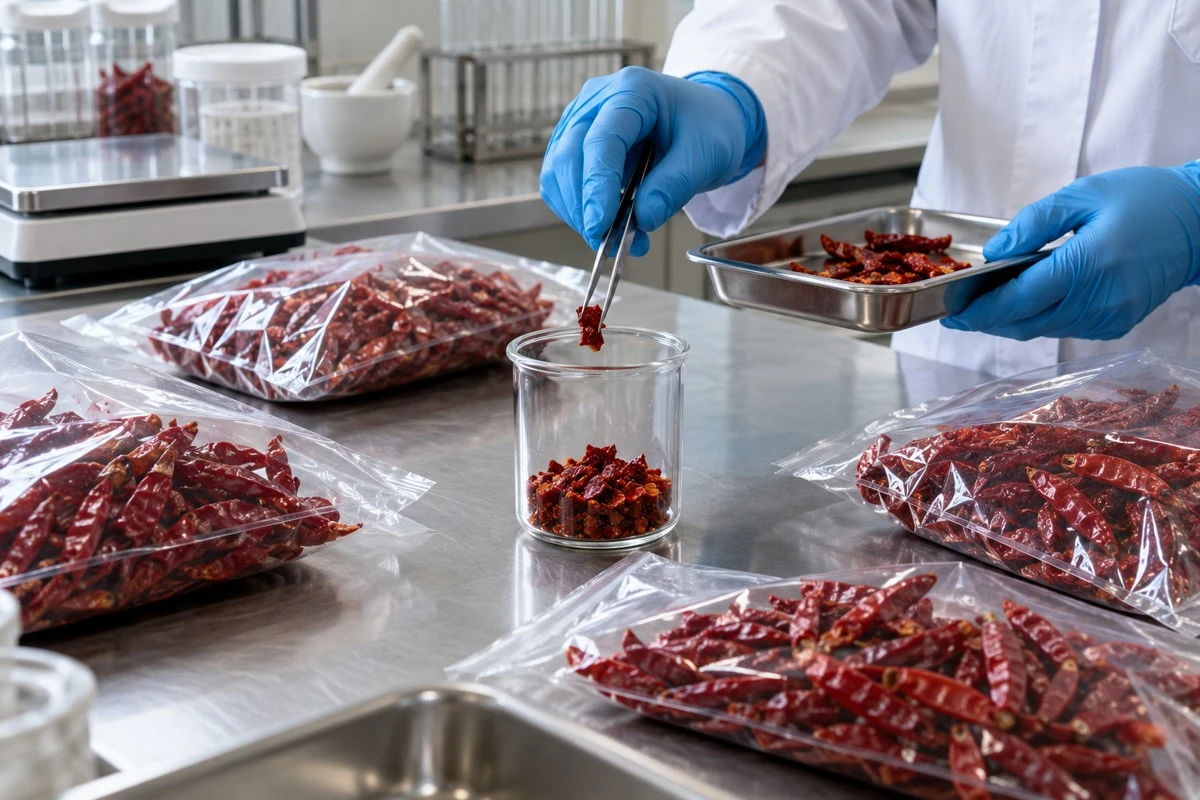 Illustrative sampling of pepper material from several packs; the actual plan must represent the supplied lot and form.