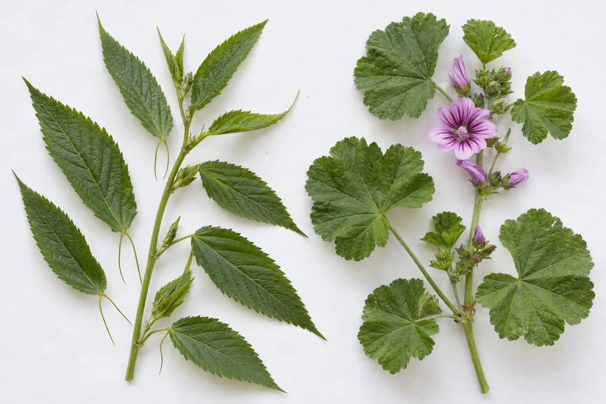 Corchorus malva leaves Illustrative reference specimens show different leaf structures; they do not identify the supplied frozen SKU.