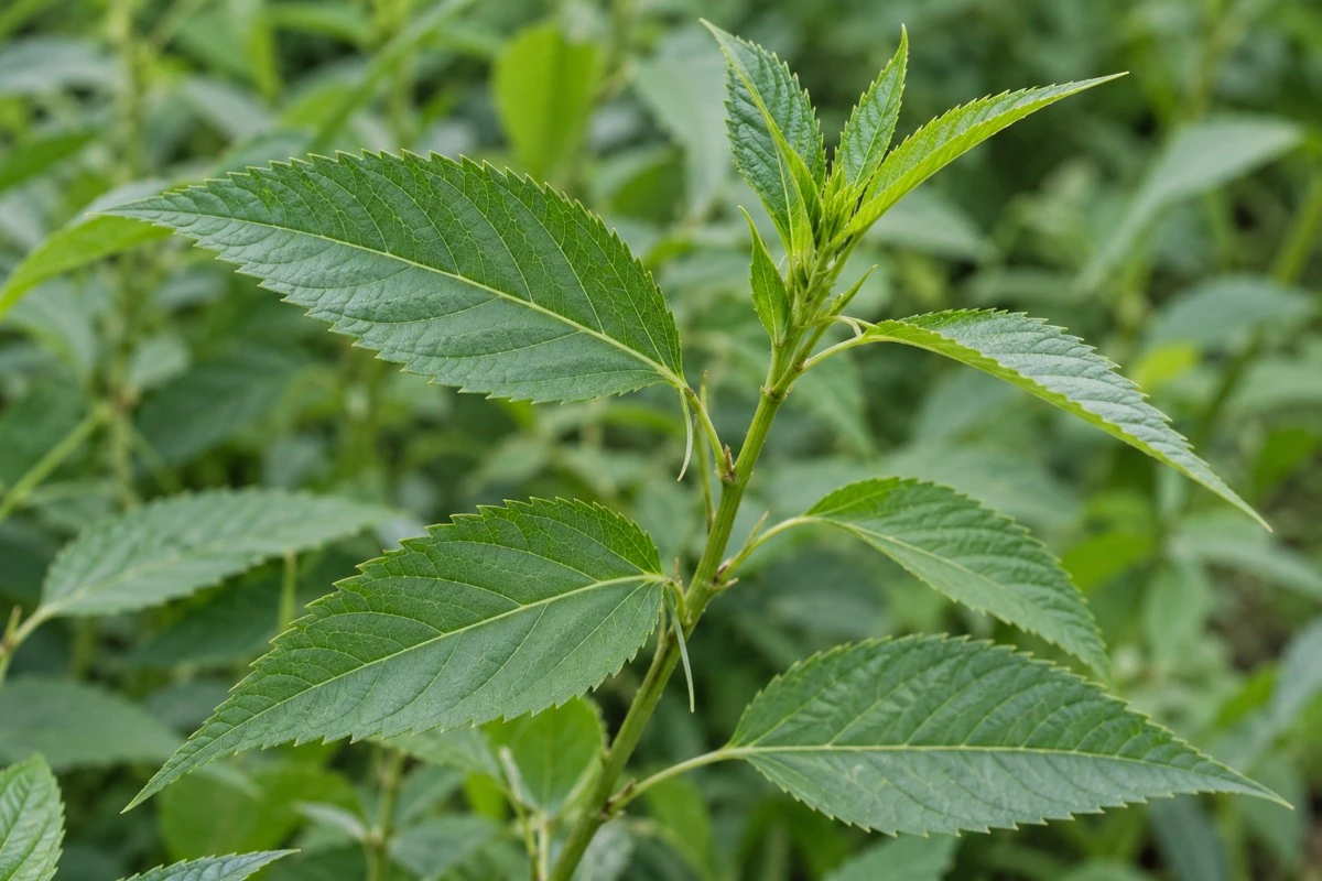 Corchorus leaf structure Illustrative Corchorus-type leaf structure, including serrated margins and elongated basal appendages; confirm identity from source evidence.