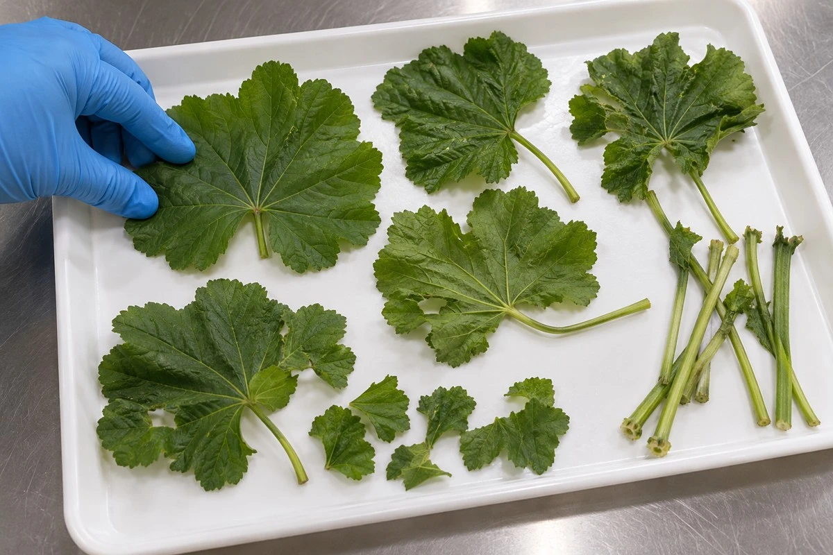 Mallow leaf inspection Whole and torn Malva-type leaves with visible veins and separated coarse stems on an inspection tray.