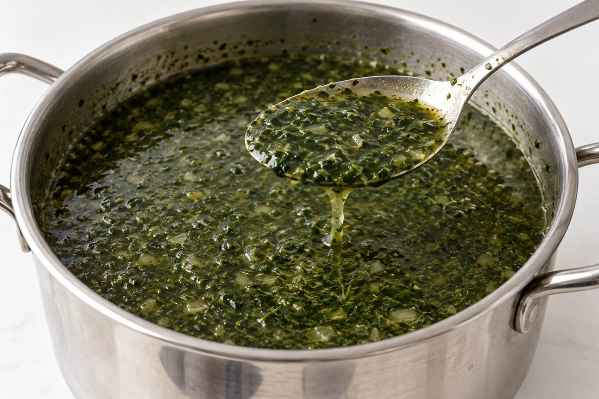 Molokhia soup texture A cooked molokhia-style soup illustrates leaf dispersion and broth body; cooked appearance alone cannot establish species.