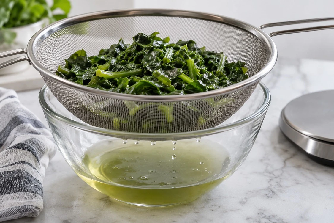 Cooked mallow leaves draining in a fine sieve above a bowl
