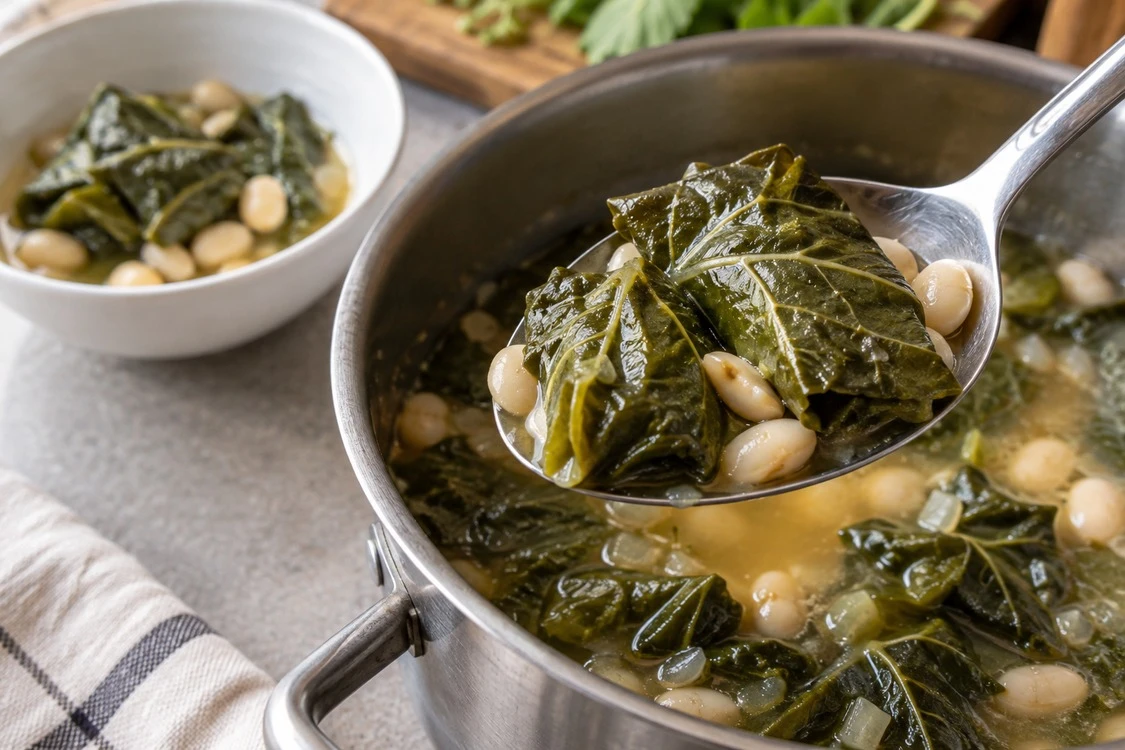 A serving spoon lifting whole mallow leaves from a stew