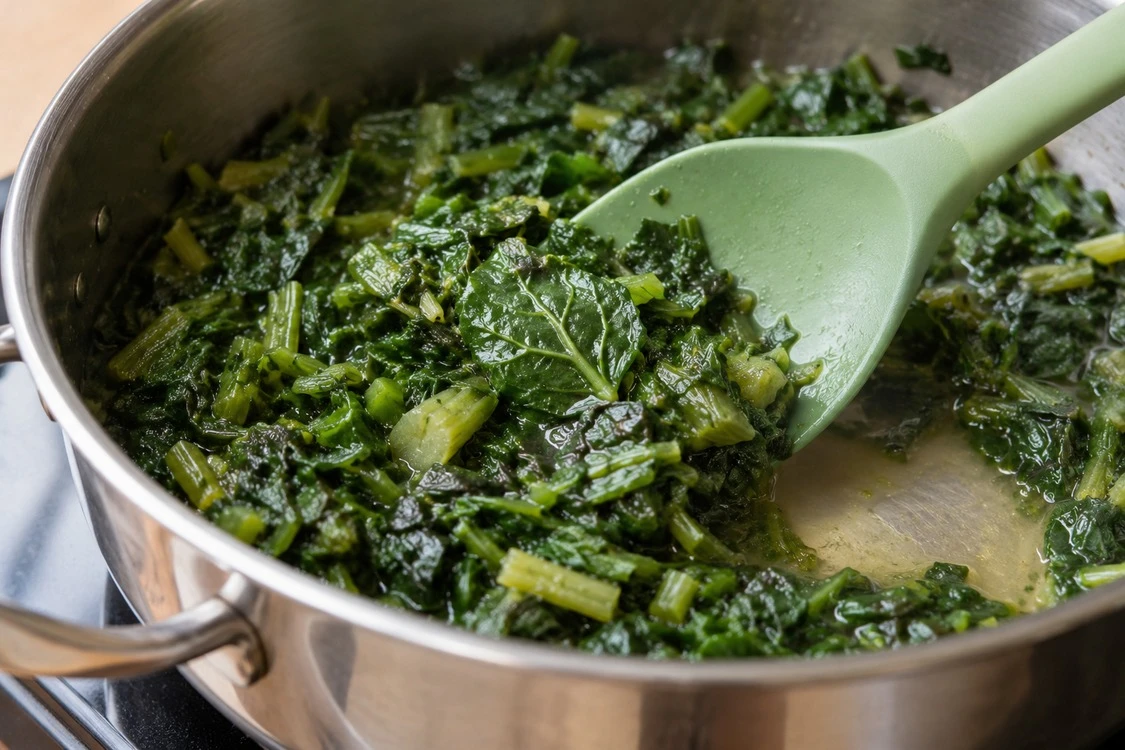 A broad spoon moving leaves across the saucepan base A broad spoon moving leaves across the saucepan base