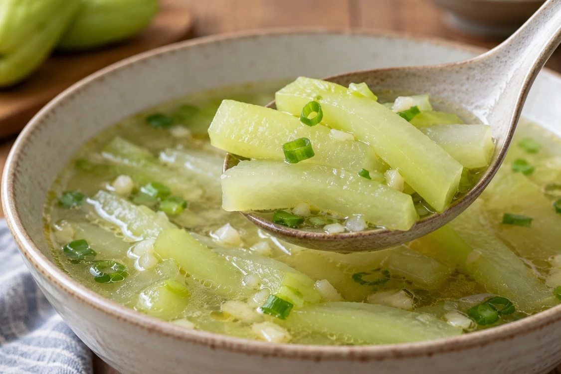 Pale chayote strips in a clear garlic broth Pale chayote strips in a clear garlic broth