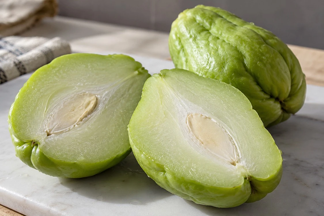 Chayote cross-section with one central seed Chayote cross-section with one central seed