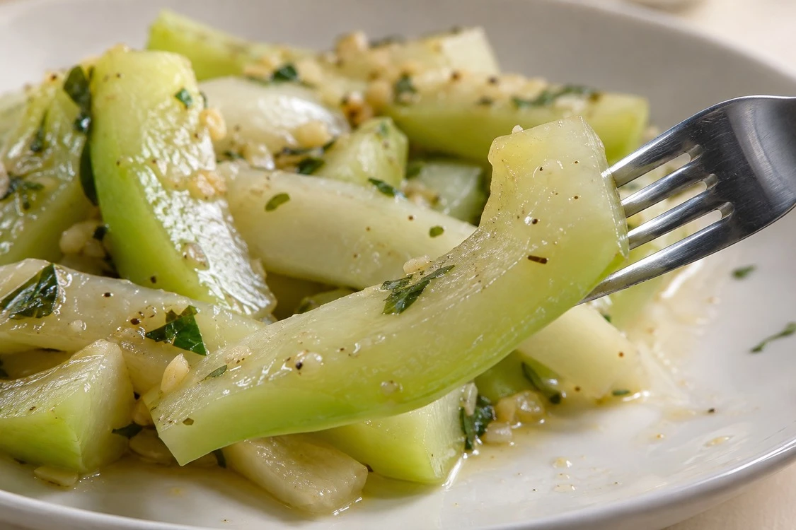 A chayote strip retaining its outline beneath a thin sauce coating A chayote strip retaining its outline beneath a thin sauce coating