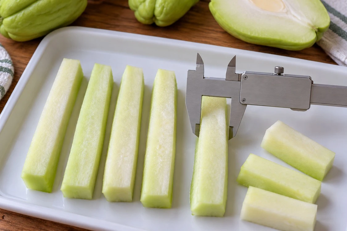 Chayote strips arranged beside a clean caliper Chayote strips arranged beside a clean caliper