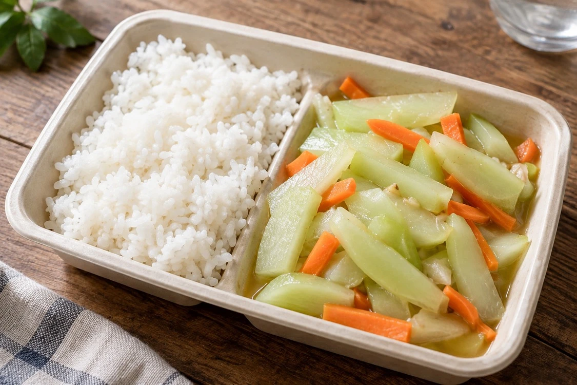Chayote strips visible beside rice in a cooked meal Chayote strips visible beside rice in a cooked meal