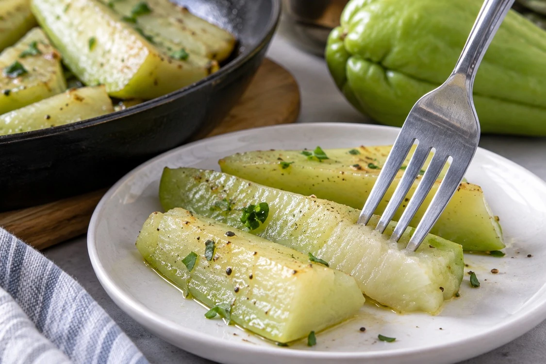 A fork checking the centre of a cooked chayote strip A fork checking the centre of a cooked chayote strip