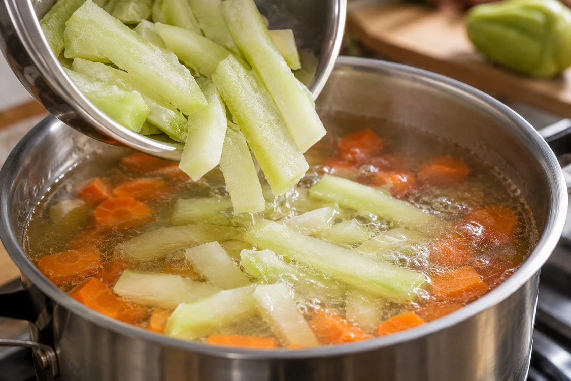 Separated chayote strips entering a simmering broth Separated chayote strips entering a simmering broth