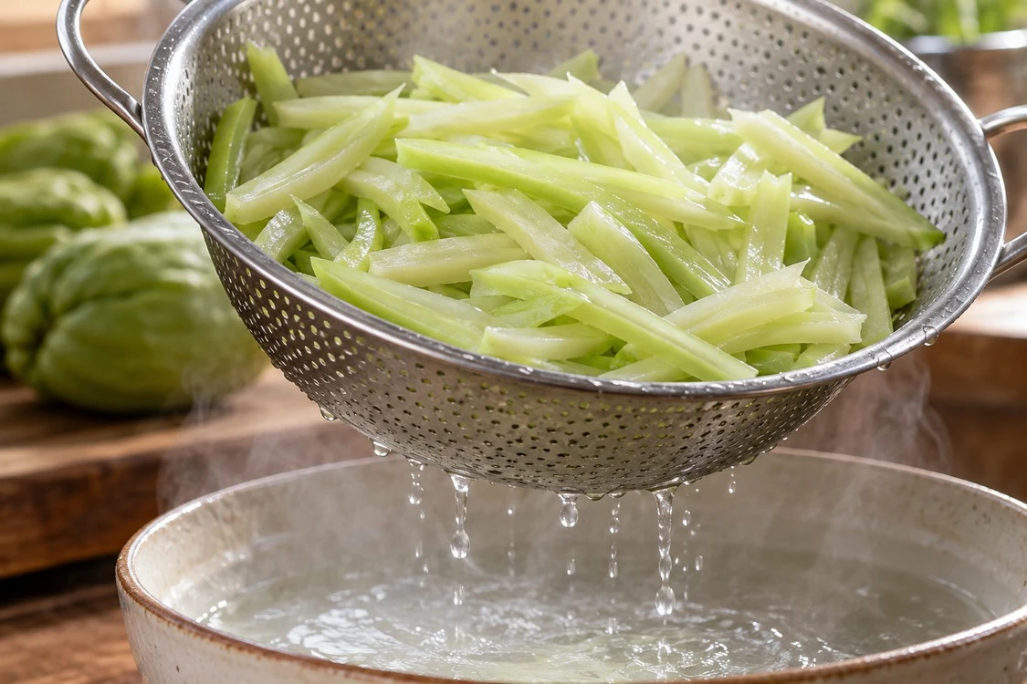 Steamed chayote strips draining above a bowl Steamed chayote strips draining above a bowl