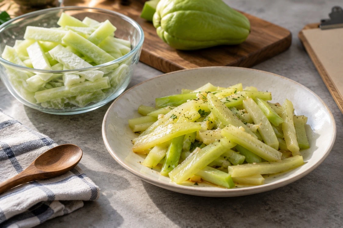A chayote portion beside an example cooked side dish A chayote portion beside an example cooked side dish