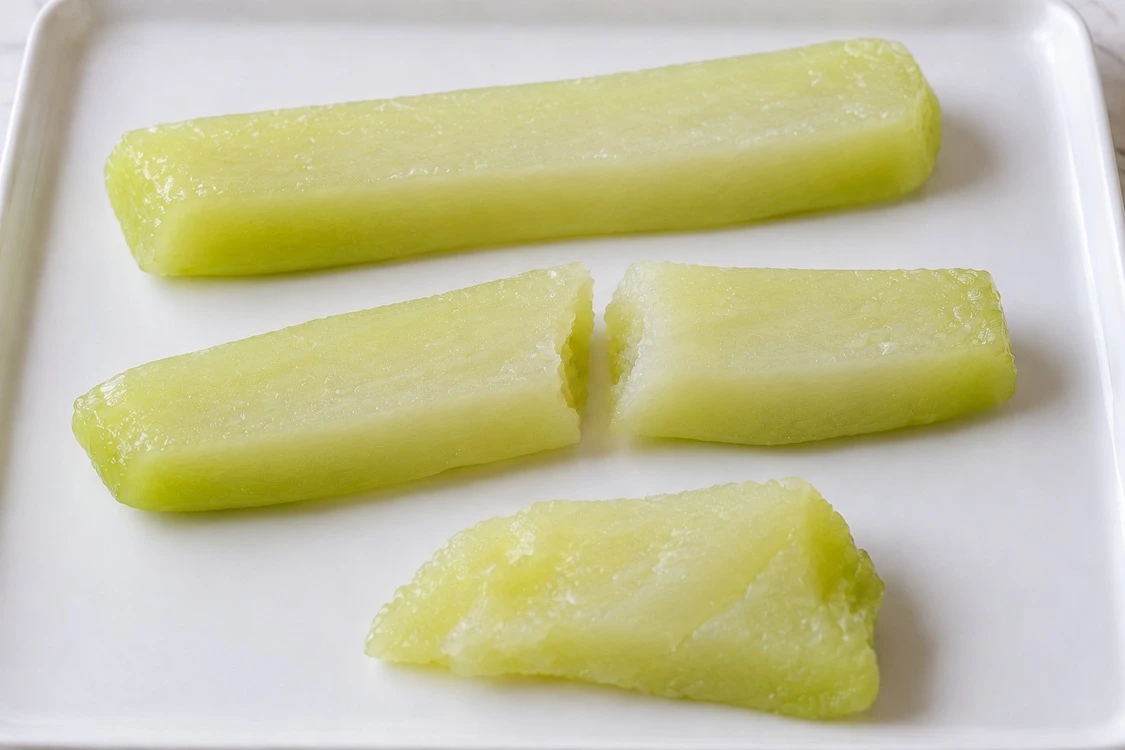 An intact cooked chayote strip beside shorter fragments An intact cooked chayote strip beside shorter fragments