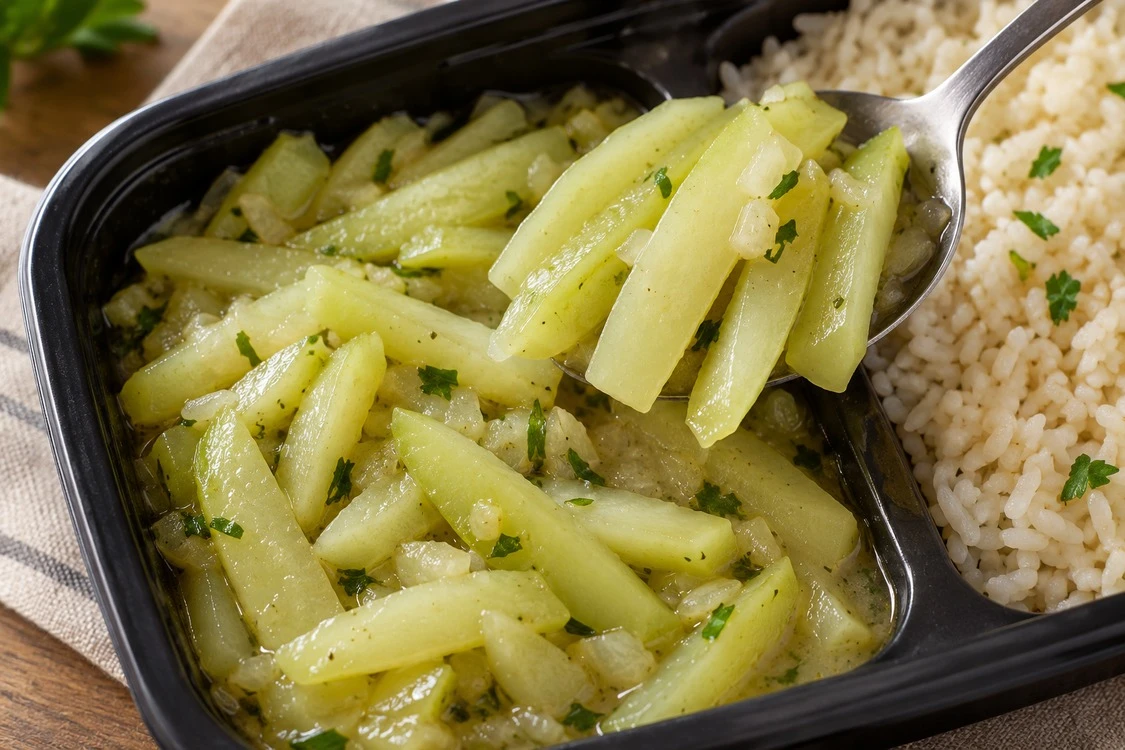 Visible chayote strips in a reheated meal portion Visible chayote strips in a reheated meal portion
