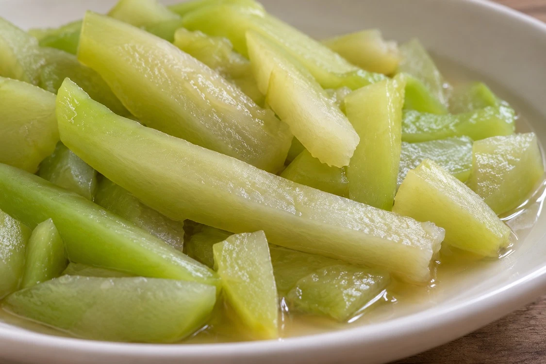 Chayote piece edges and surrounding liquid visible at serving Chayote piece edges and surrounding liquid visible at serving
