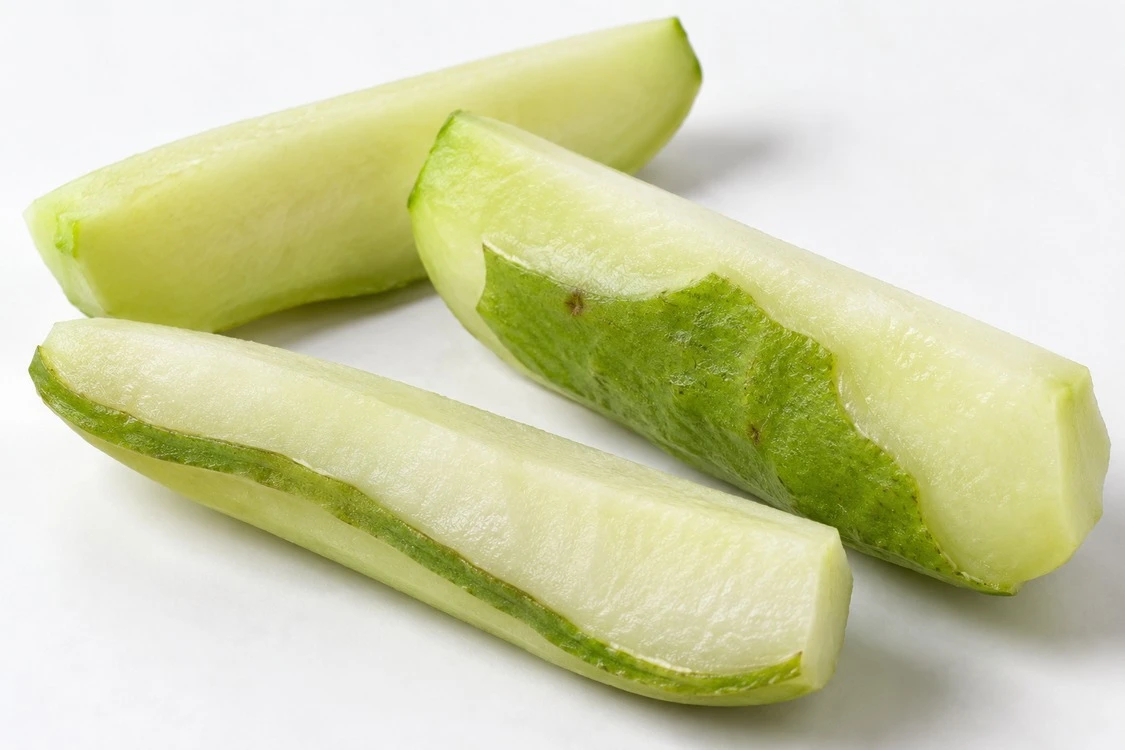 Thin green peel remaining along a chayote strip Thin green peel remaining along a chayote strip