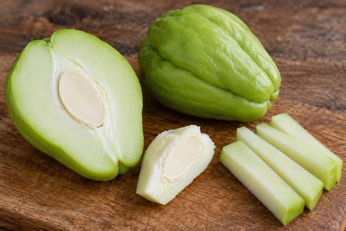 Chayote single seed and surrounding flesh beside cut strips Chayote single seed and surrounding flesh beside cut strips