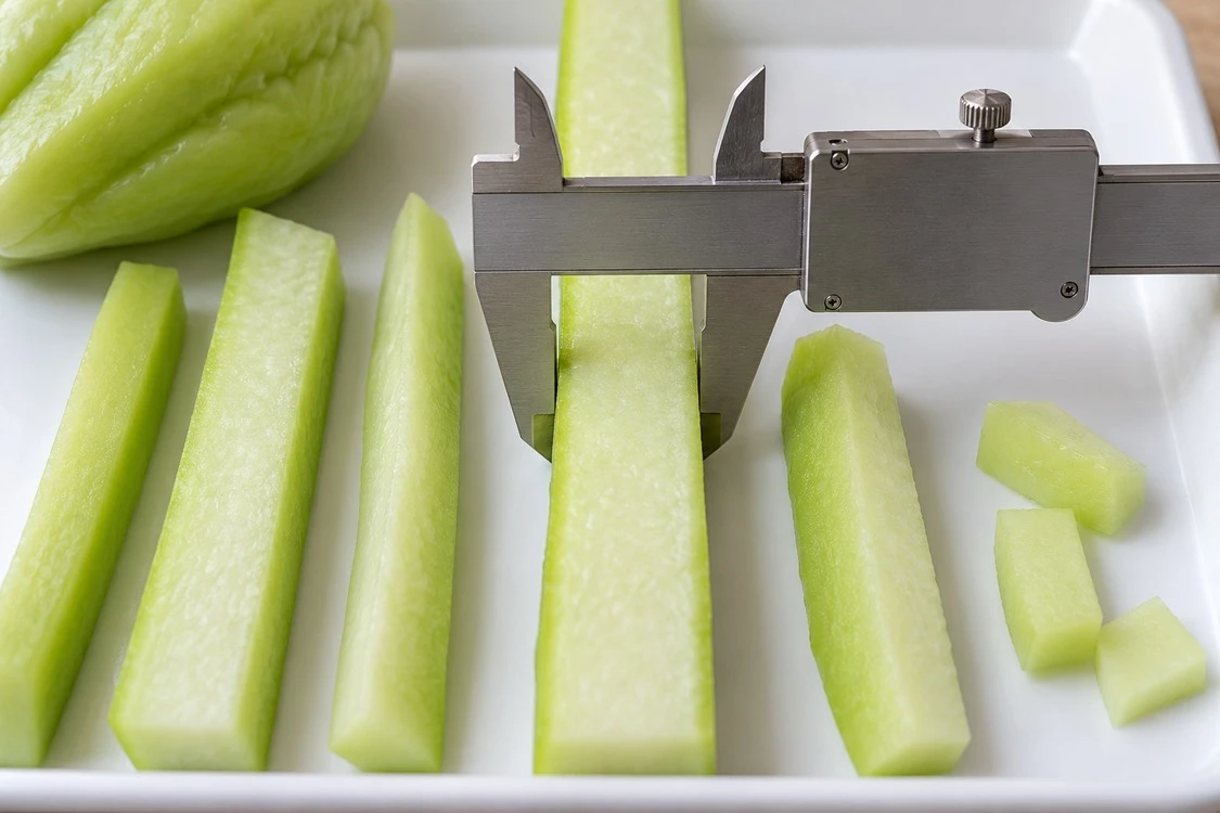 A caliper positioned across a chayote strip width A caliper positioned across a chayote strip width