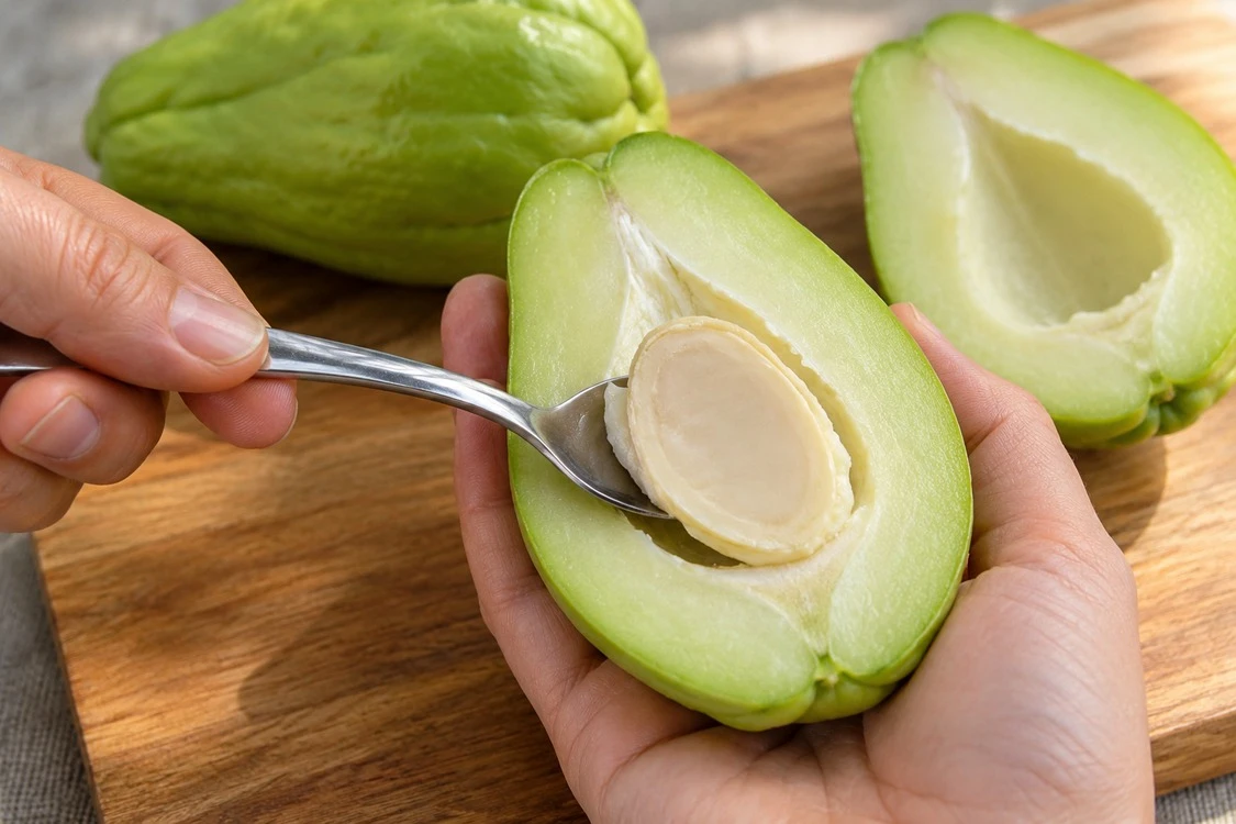 A tender-skinned chayote halved before dicing A tender-skinned chayote halved before dicing