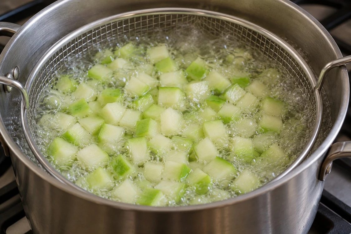 Chayote dice immersed in boiling water Chayote dice immersed in boiling water