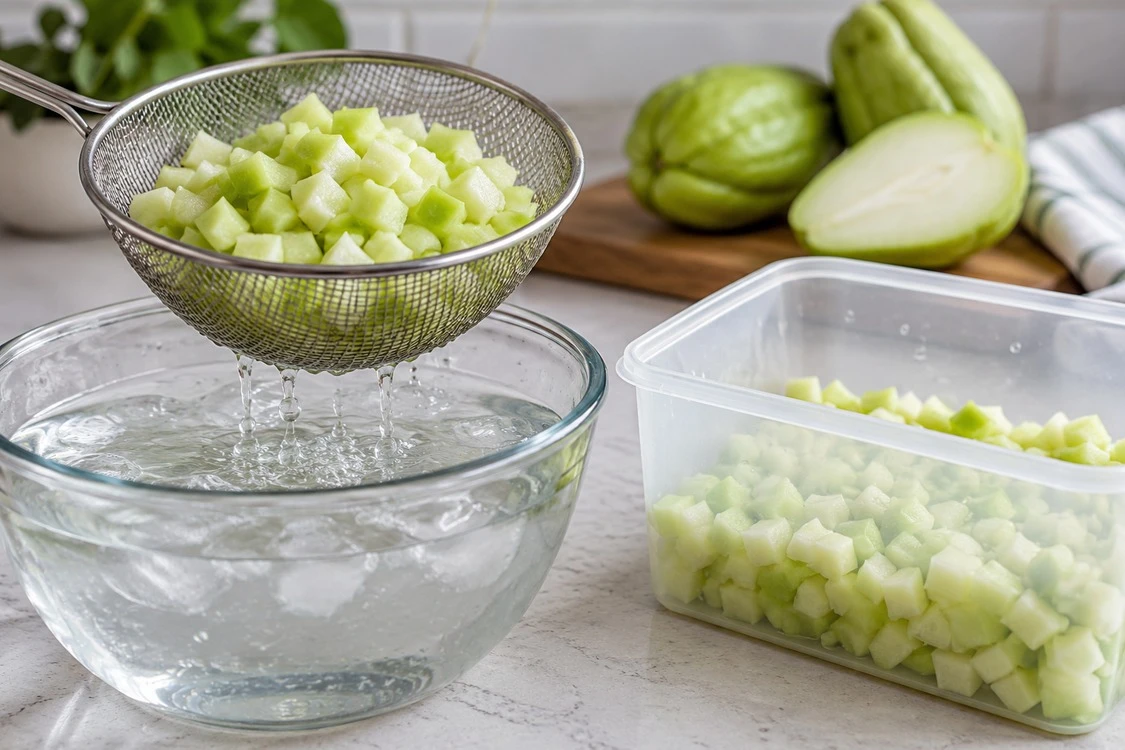 Blanched chayote dice cooling before packing Blanched chayote dice cooling before packing
