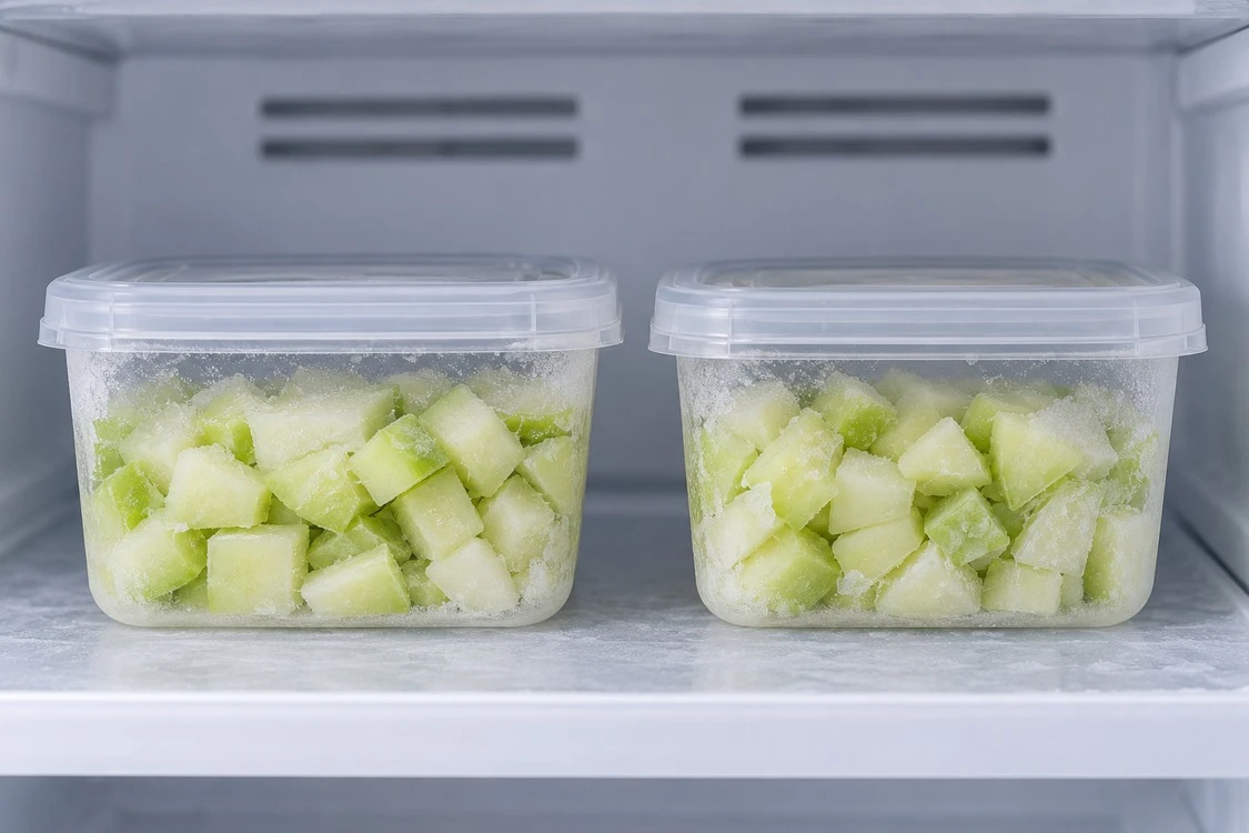 Small portions of prepared chayote in sealed freezer containers Small portions of prepared chayote in sealed freezer containers
