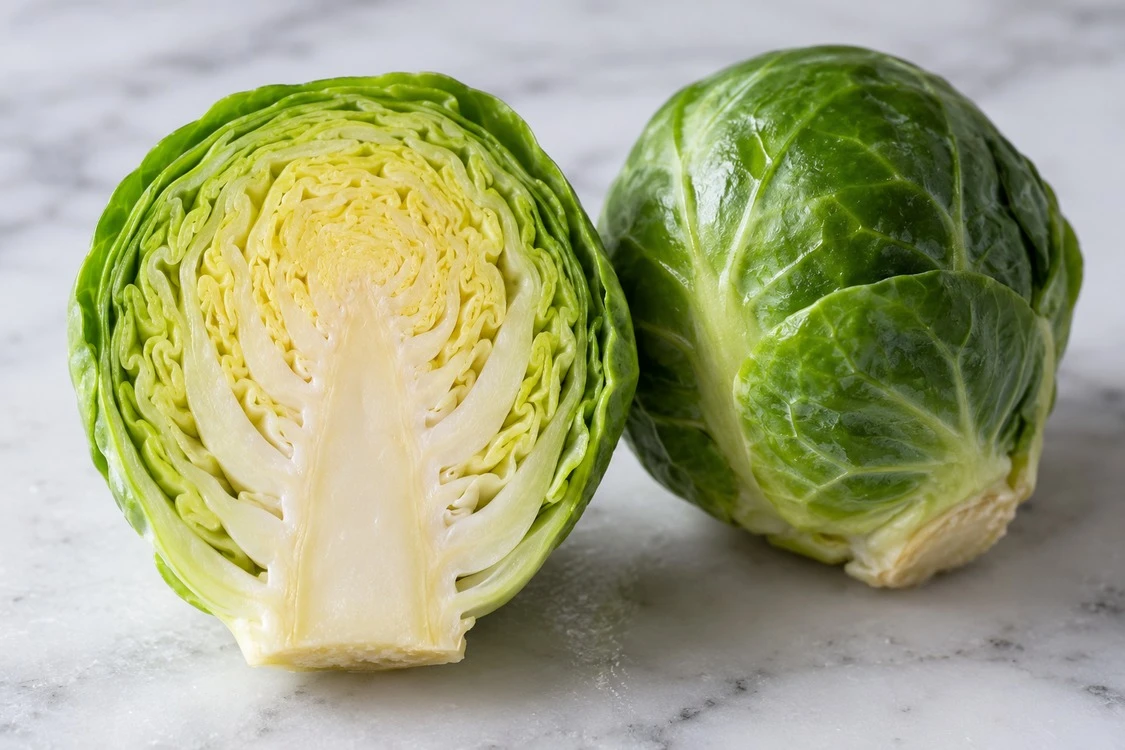 A Brussels sprout cut through its core A Brussels sprout cut through its core