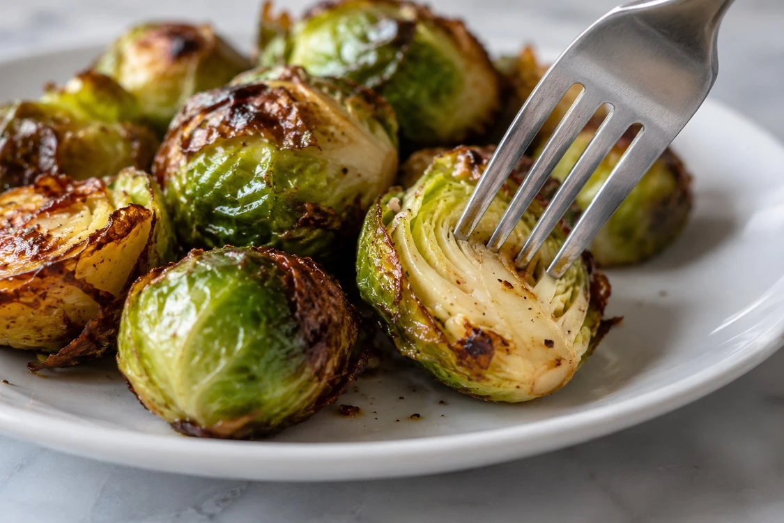 A fork testing the centre of a cooked Brussels sprout A fork testing the centre of a cooked Brussels sprout