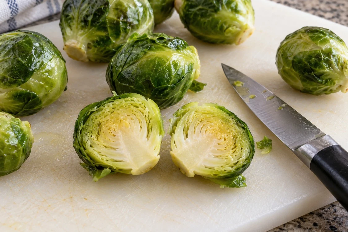 A cooked Brussels sprout opened through the base A cooked Brussels sprout opened through the base