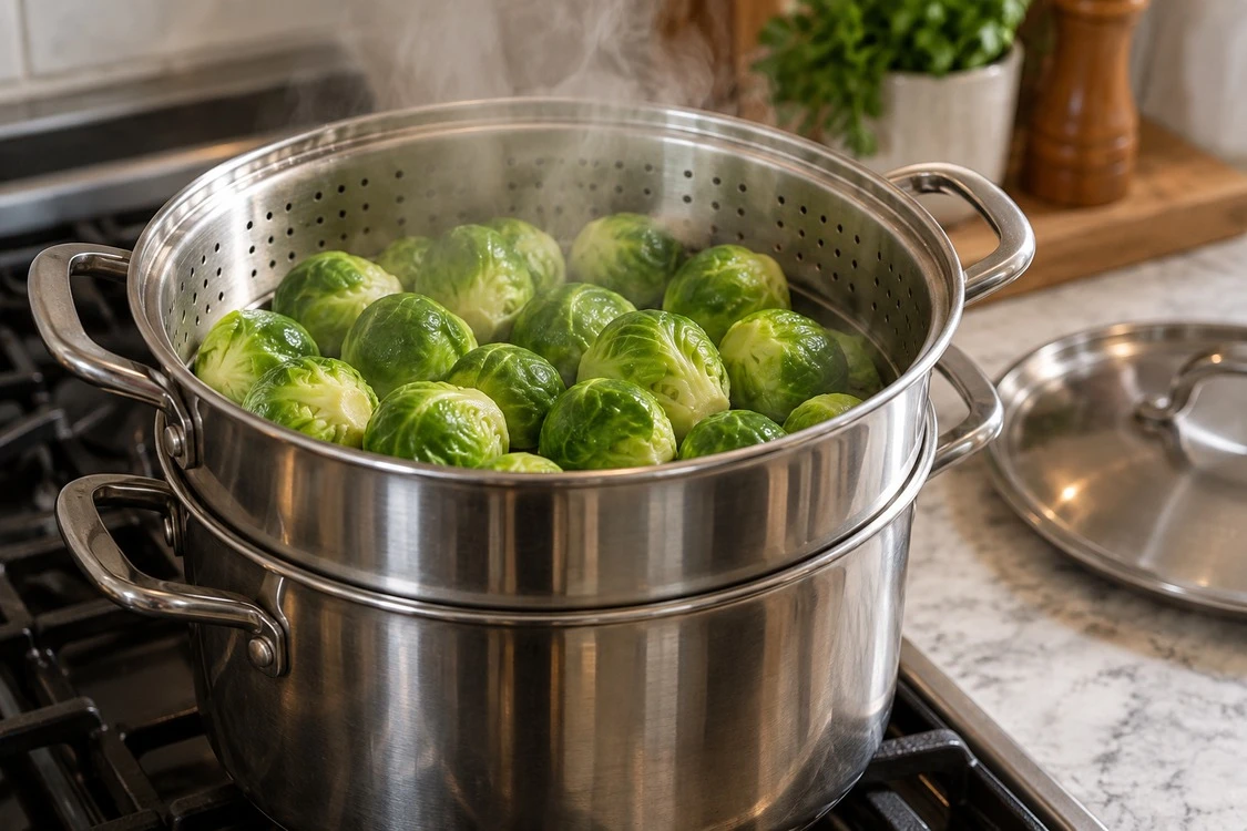 Brussels sprouts heating in a steamer basket Brussels sprouts heating in a steamer basket