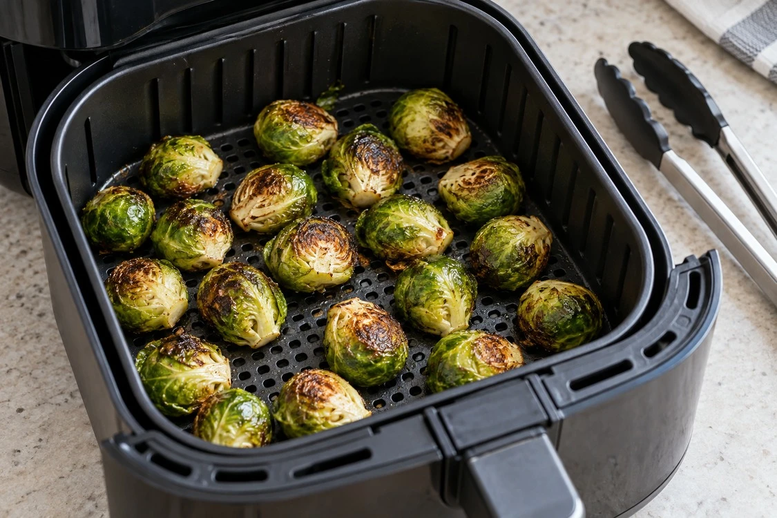 Whole sprouts spaced in an air fryer basket Whole sprouts spaced in an air fryer basket