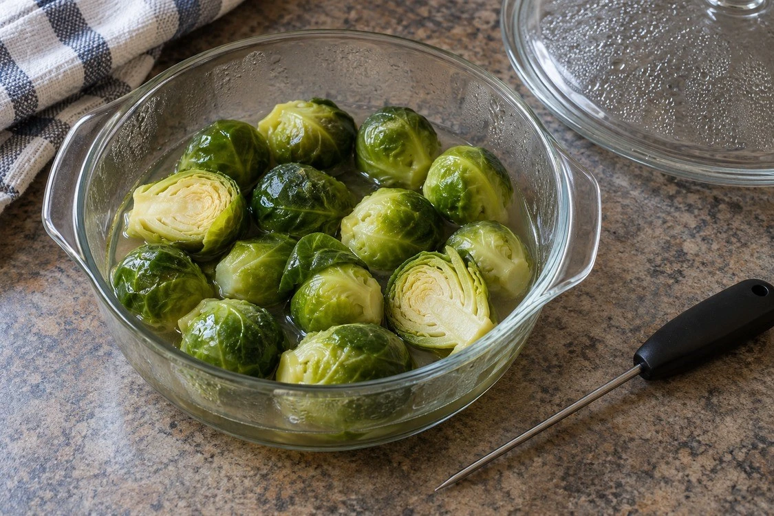 Cooked Brussels sprouts in an open glass dish with its lid and a probe beside it Cooked Brussels sprouts in an open glass dish with its lid and a probe beside it