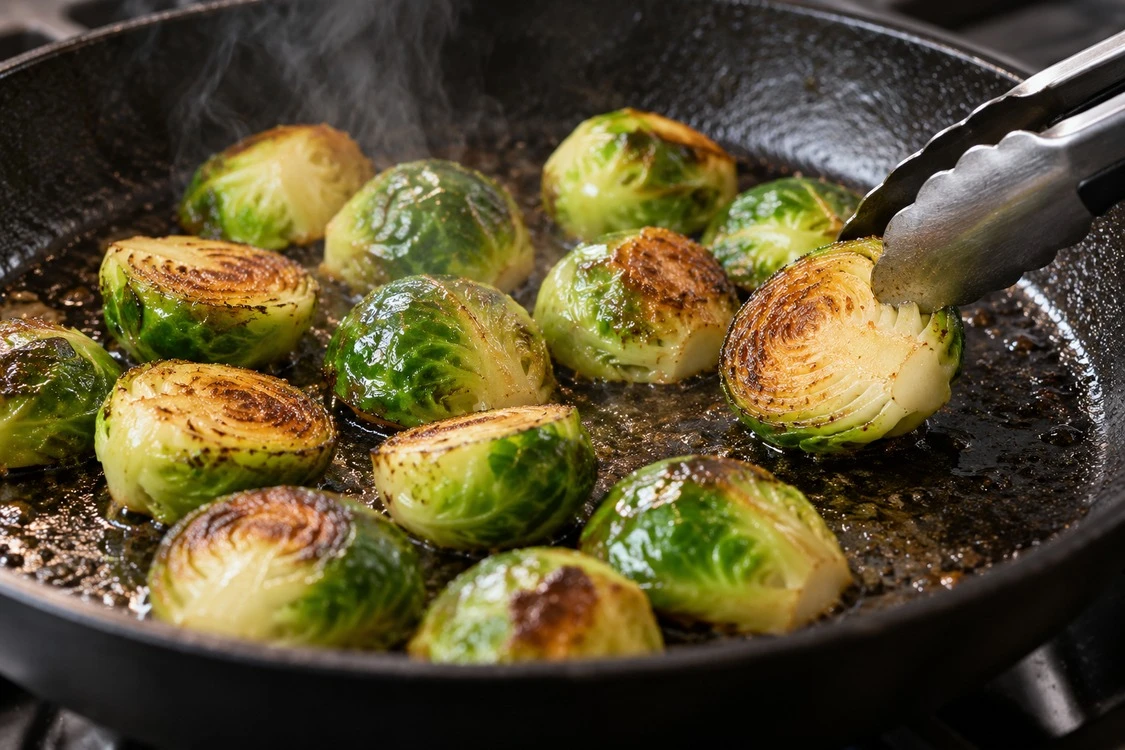 Halved cooked Brussels sprouts gaining colour in a skillet Halved cooked Brussels sprouts gaining colour in a skillet