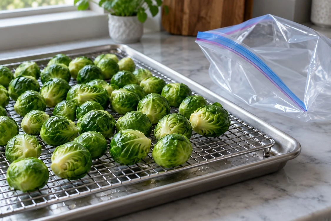 Cooled Brussels sprouts draining before packing