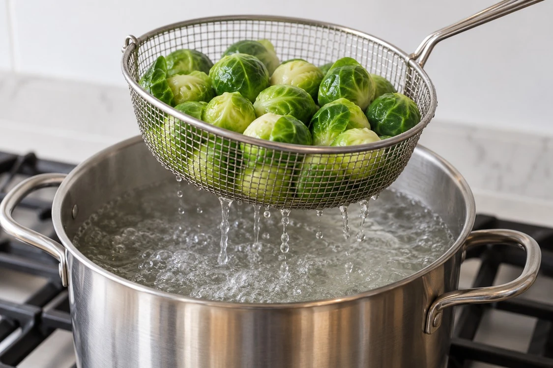 Whole Brussels sprouts in a blanching basket