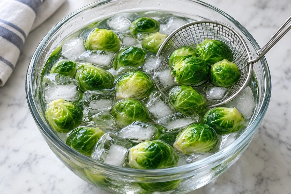 Blanched Brussels sprouts cooling in ice water