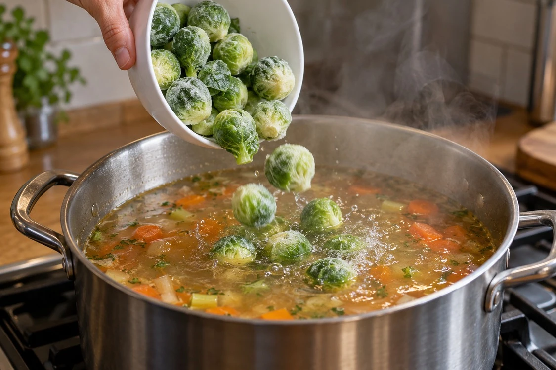 Frozen Brussels sprouts entering a vegetable soup
