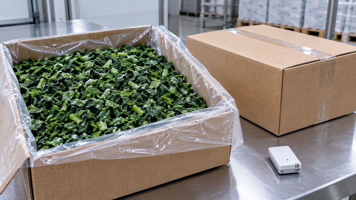 Explanatory view of chopped frozen spinach in a bulk lined case Explanatory view of chopped frozen spinach in a bulk lined case