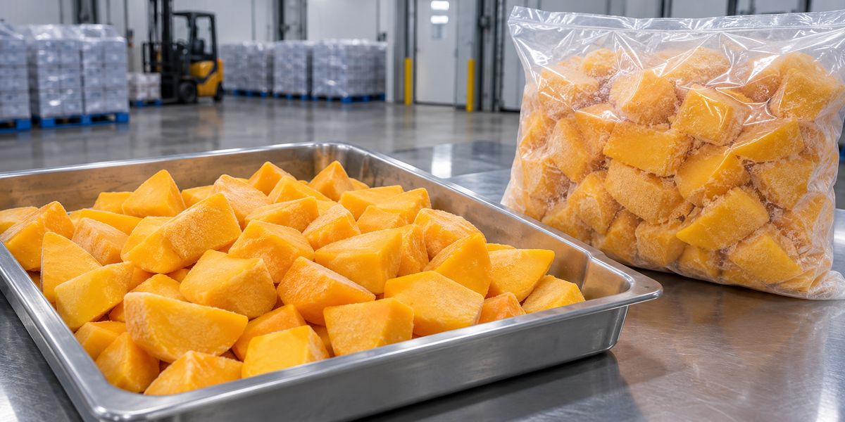Explanatory view of large frozen mango chunks in a bulk inspection tray Explanatory view of large frozen mango chunks in a bulk inspection tray