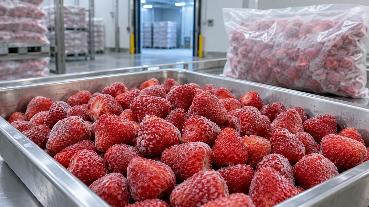 Explanatory view of whole frozen strawberries in a bulk inspection tray Explanatory view of whole frozen strawberries in a bulk inspection tray