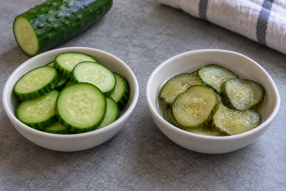 Fresh firm and softened thawed cucumber rounds in two dishes Fresh firm and softened thawed cucumber rounds in two dishes