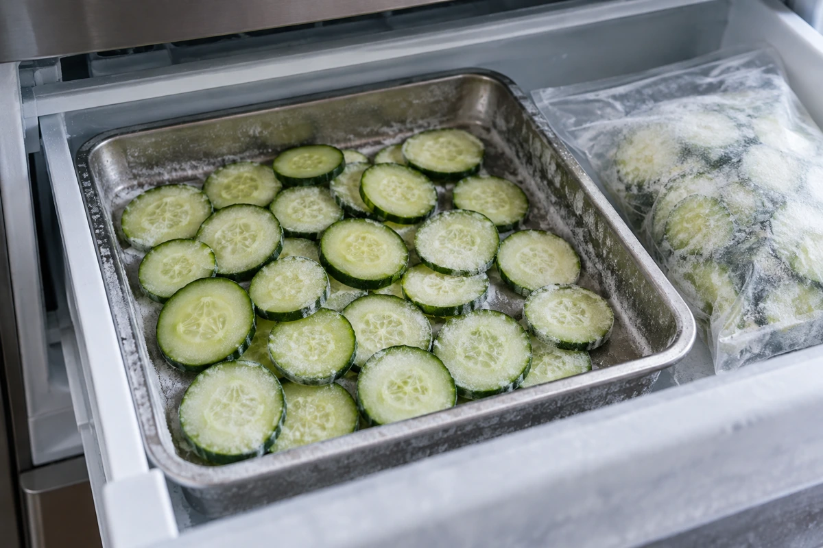 Separated cucumber rounds on a tray inside a freezer drawer Separated cucumber rounds on a tray inside a freezer drawer