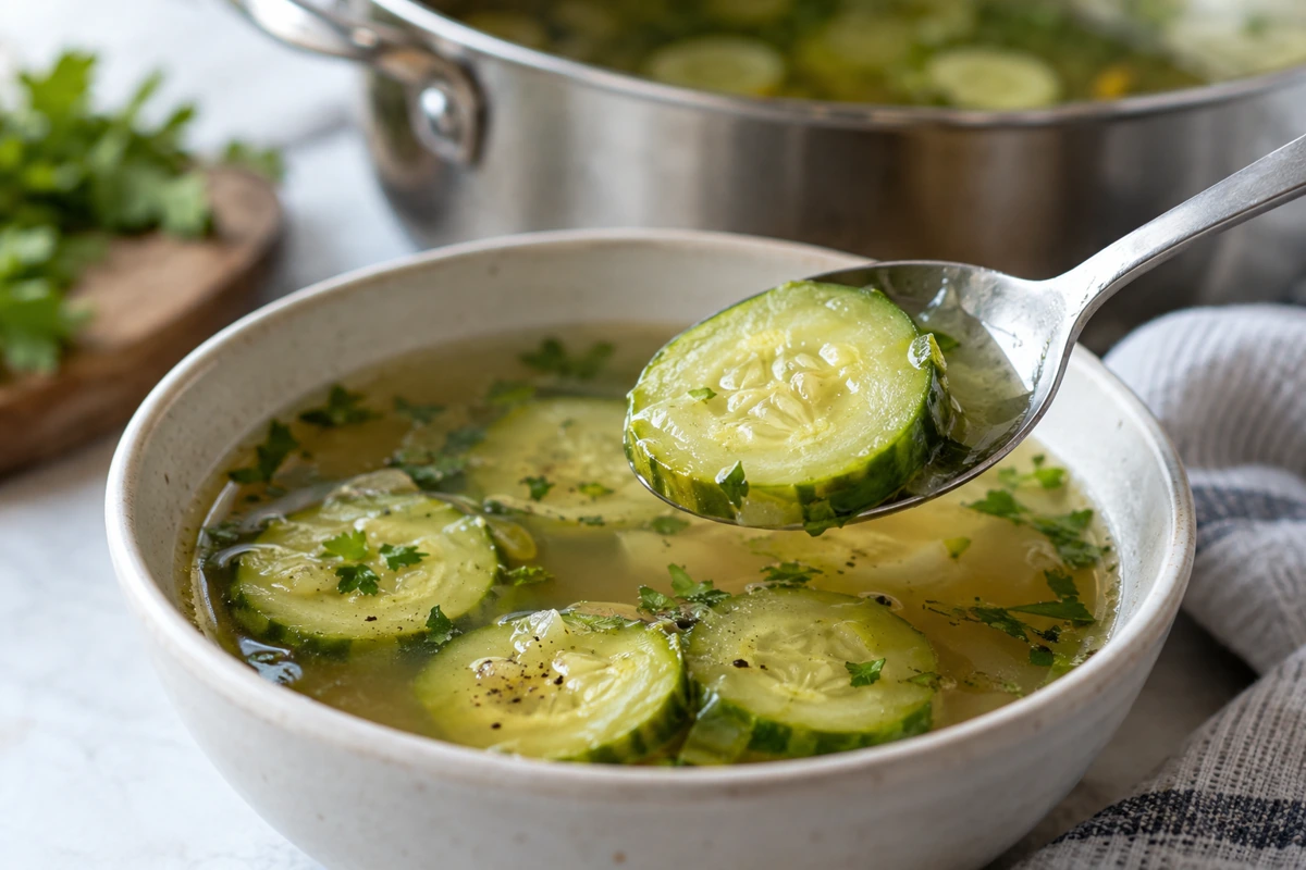 Tender cucumber round lifted from cooked vegetable broth Tender cucumber round lifted from cooked vegetable broth
