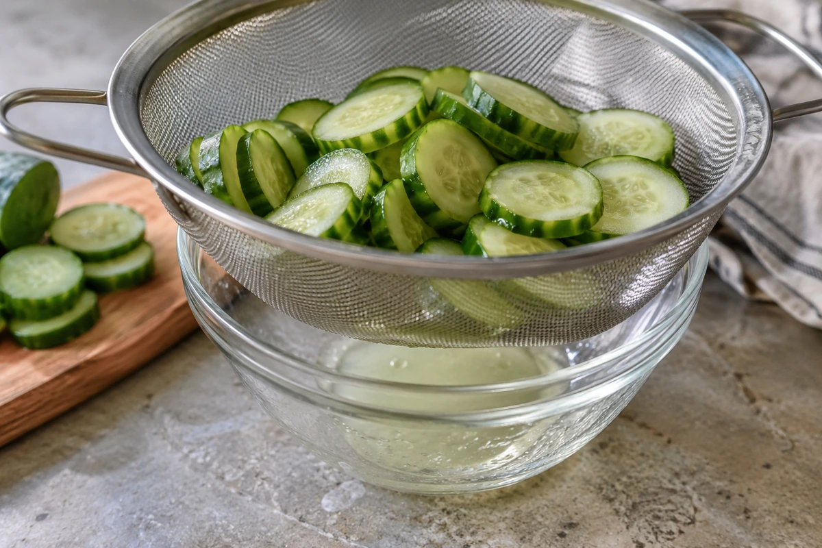 Cucumber rounds draining in a sieve above a collection bowl Cucumber rounds draining in a sieve above a collection bowl
